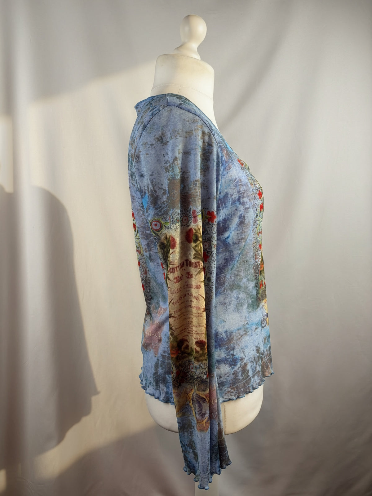 Blue sheer mesh Scotland graphic wide sleeve top