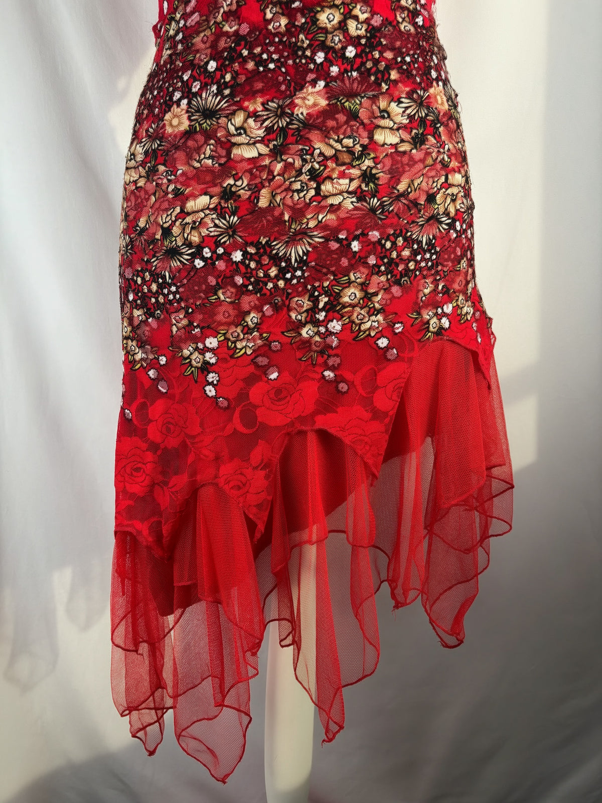 Red lace asymmetric fairy mini dress with sequin details