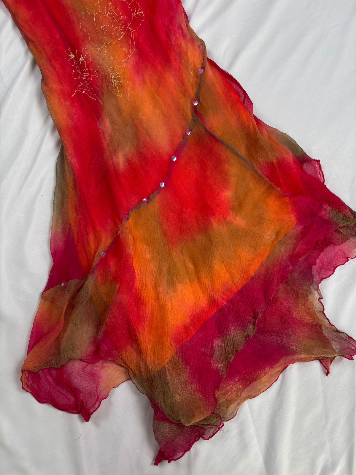 Autumnal ombré asymmetric mini dress with mirrored gem embellishments