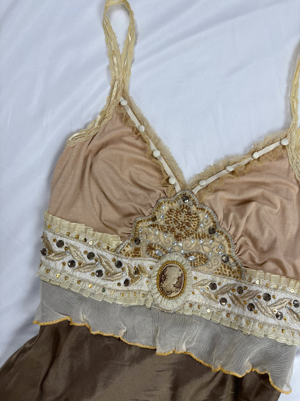 Brown Bony rare silk Victorian style cami with embroidered details