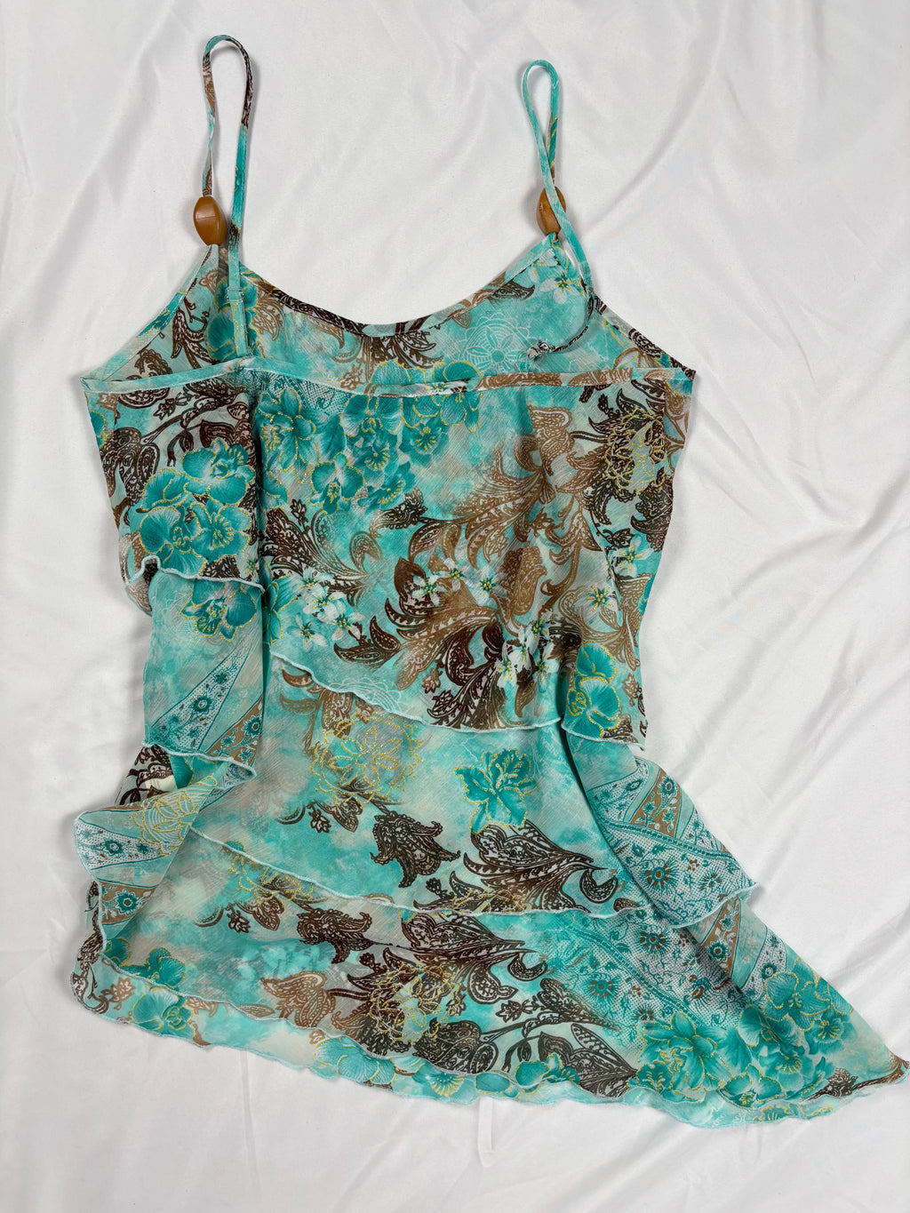 Blue and brown floral tiered ruffle cami with wooden bead details