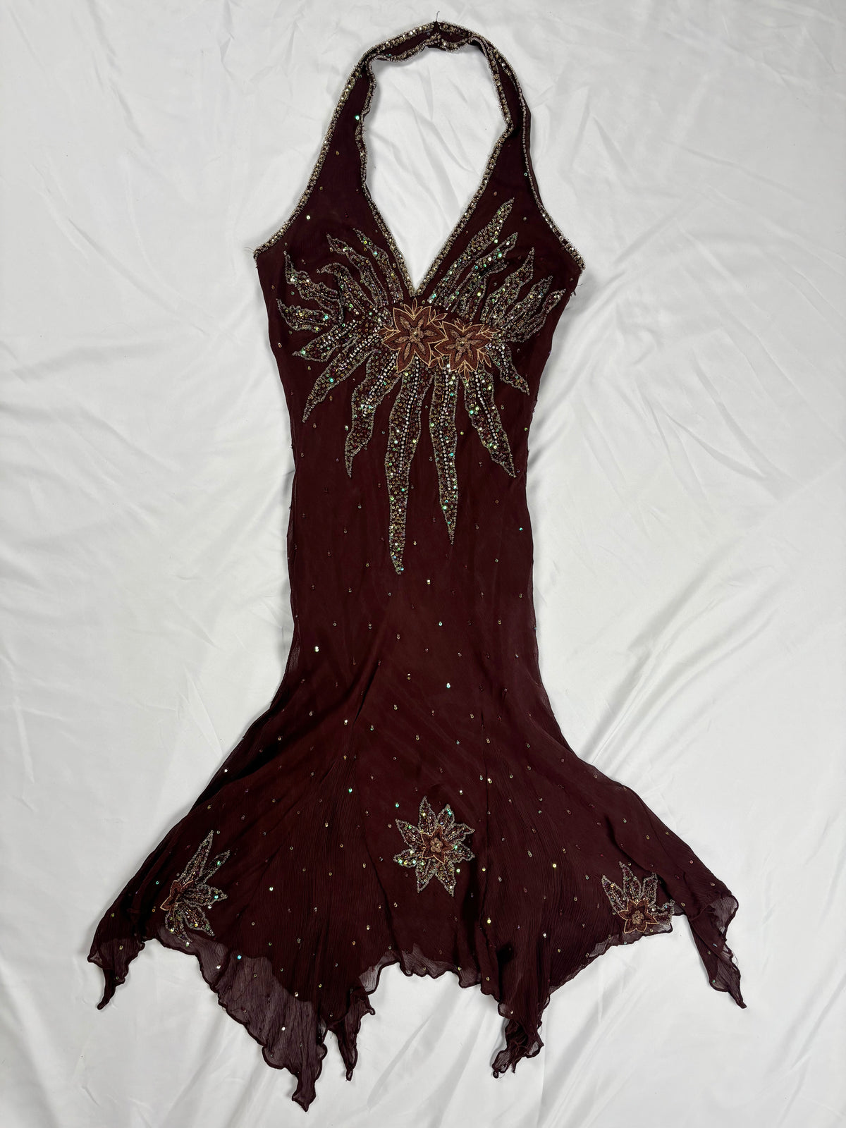 Brown aftershock silk midi dress embellished with sequins