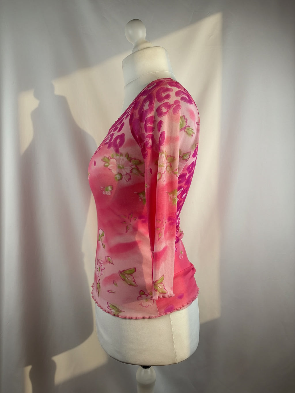 Hot pink animal print mesh 3/4 sleeve top