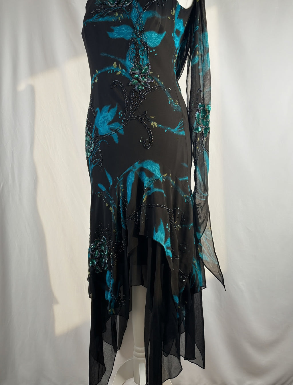 Black and blue floral asymmetric beaded dress with shawl