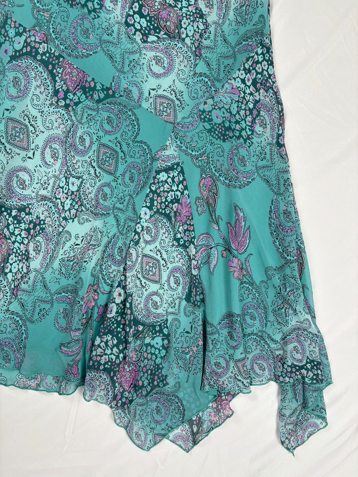 Blue and purple Paisley print midi skirt with asymmetric hem