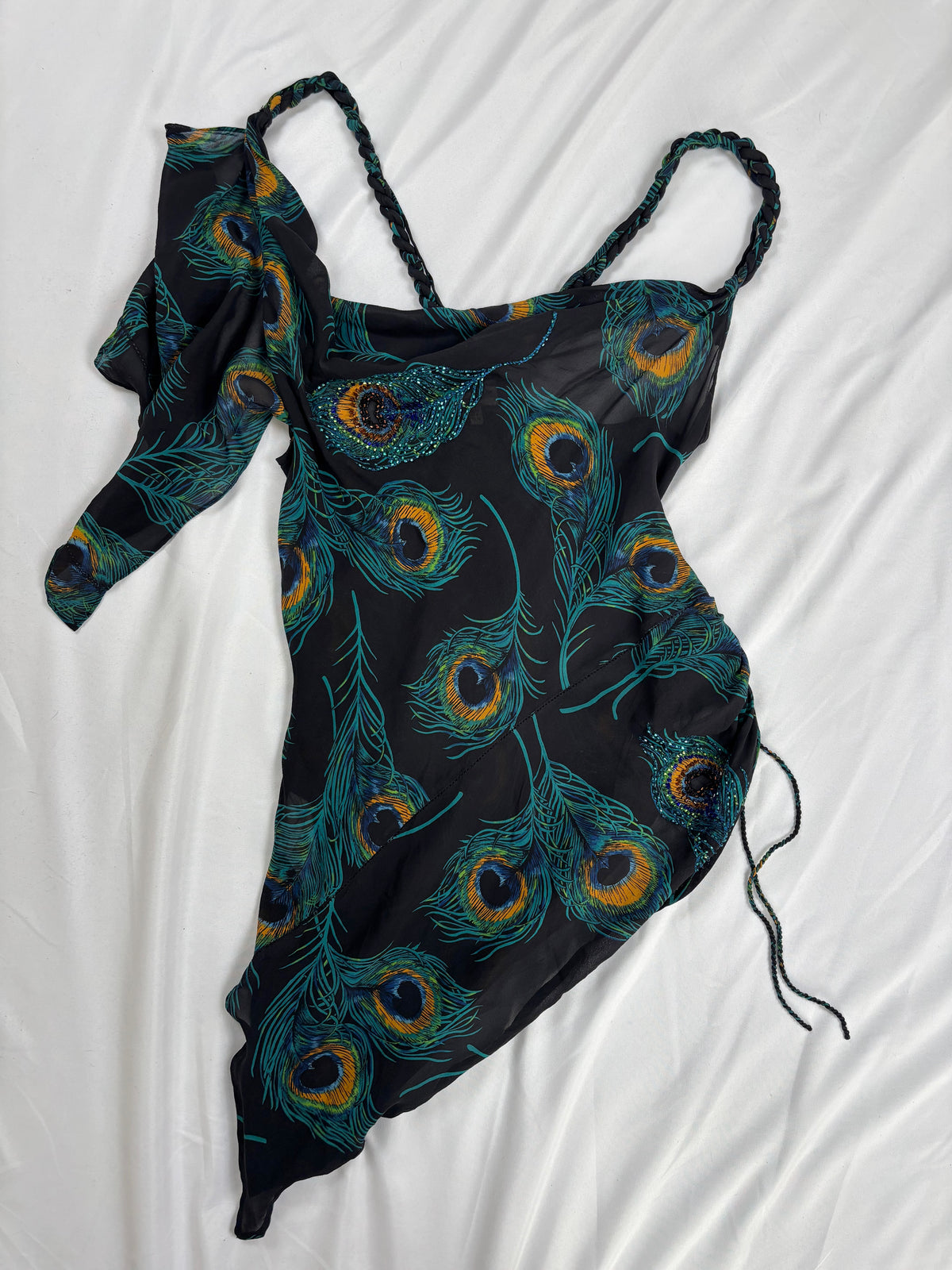 Black sheer silk peacock detailed cross back top with embellishments