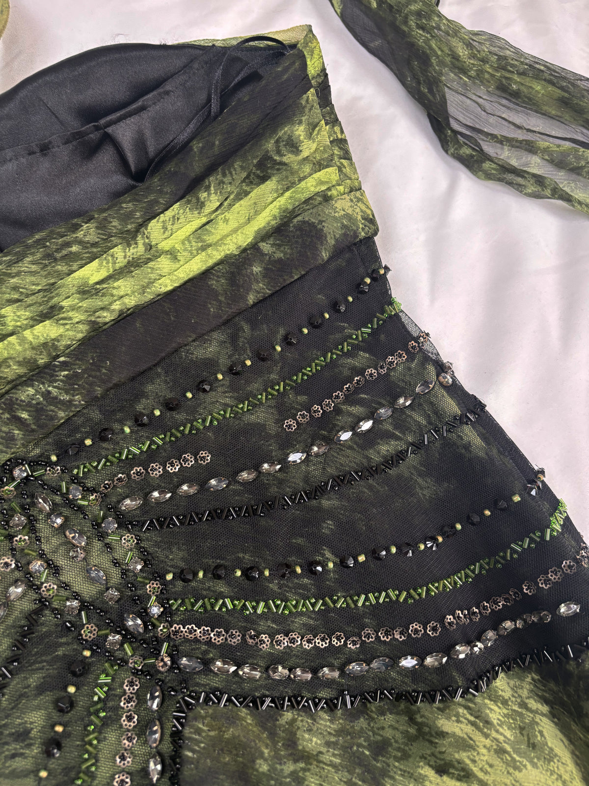 Black and green silk asymmetric beaded halterneck dress with shawl