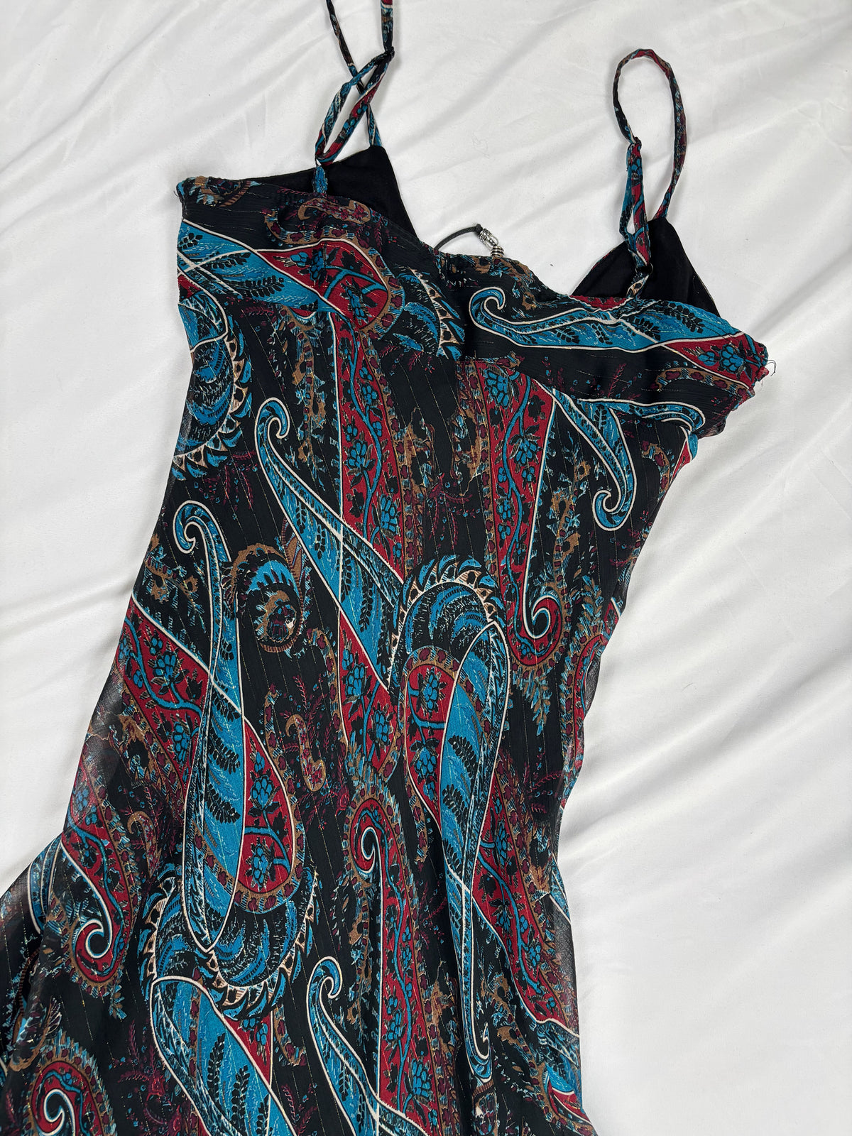 Paisley asymmetric maxi dress with beaded halterneck detail