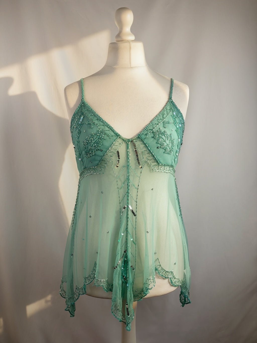 Light blue sheer beaded asymmetrical fairy cami