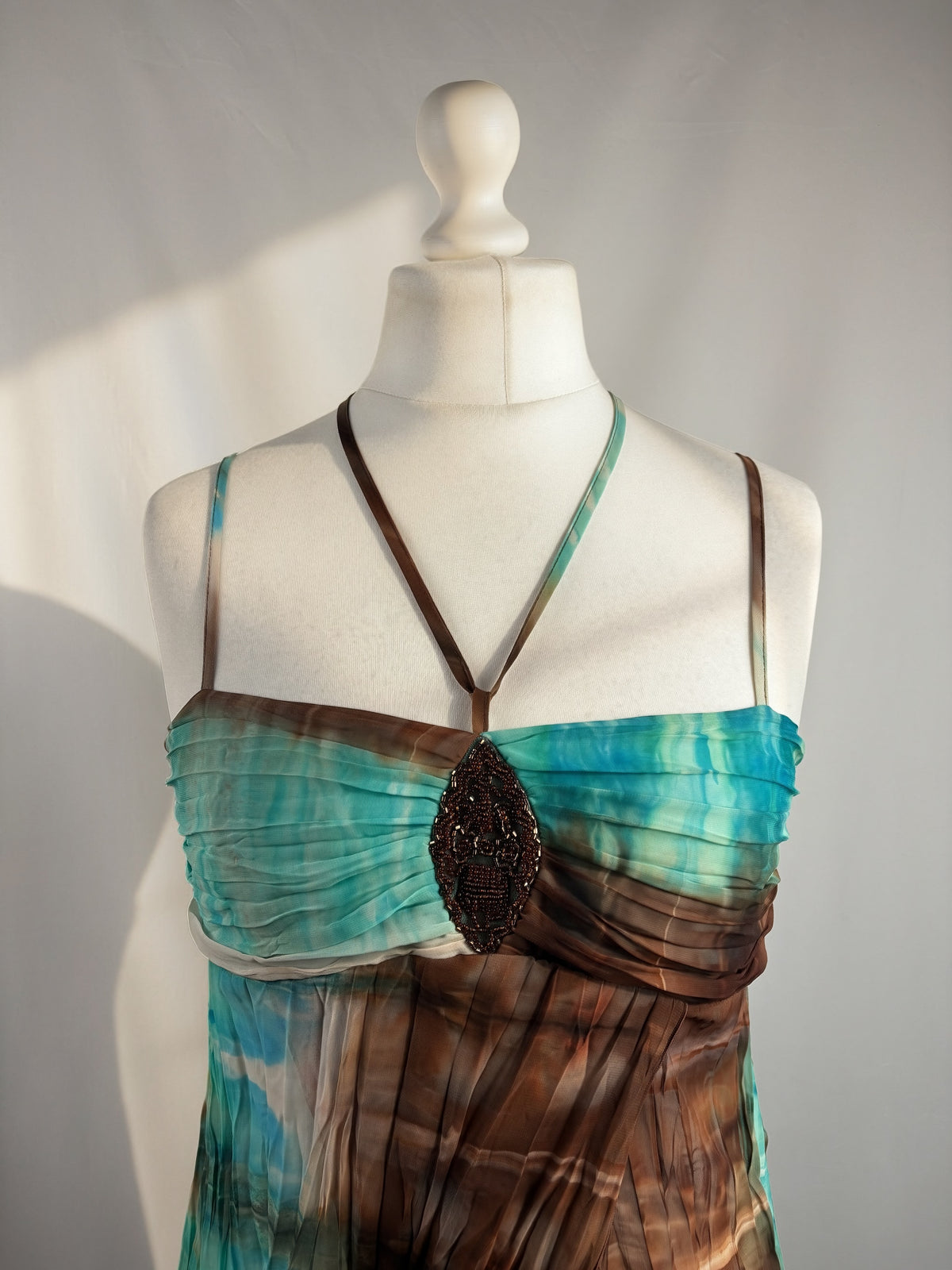 Brown and blue ombré crinkle material cami with beaded detail